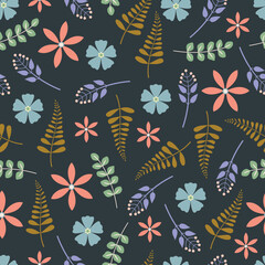 Midnight garden flowers seamless pattern. Dark floral vector surface design of moody pink blue flowers