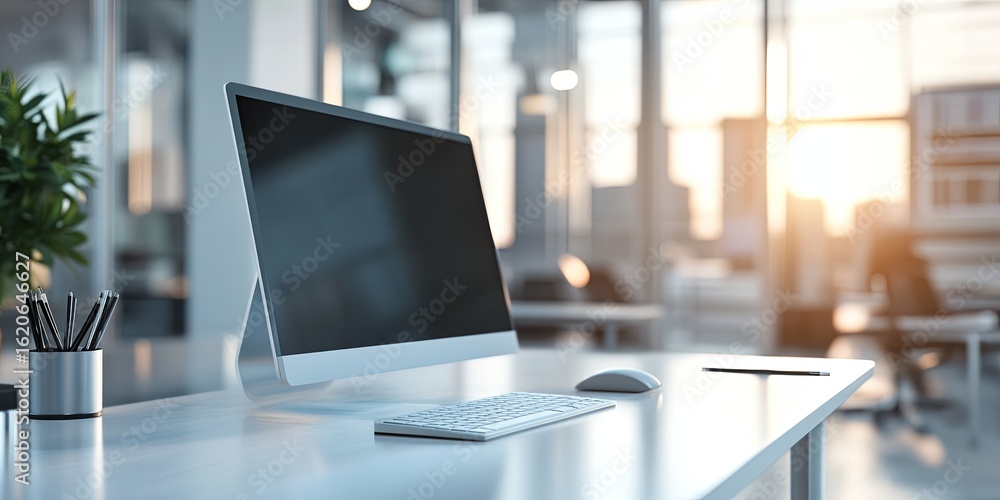 Poster macro shot of a professional work environment with soft lighting and minimalist design, perfect for 