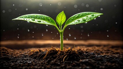 Green seedling growing in soil with water drops under sunlight

