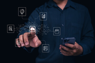 A person interacts with a virtual interface displaying digital document icons, highlighting secure...