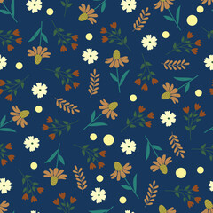 Echinacea flowers seamless pattern. Floral vector surface design of coneflowers, leaves and polka dots