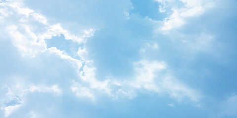 Cloudy blue summer storm  in the sky, watercolor background, horizontal view, beautiful cloudscape, fresh air, nature shining light, sunrise sky, panoramic view, daylight, vast fluffy tiny white sunsh