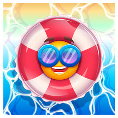 Happy emoji in inflatable swimming pool ring . Summer emoticon with sunglases swimming on sea waves. Positive vibes, good mood, vacation, travel, holiday concept