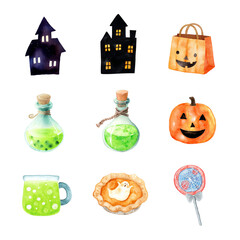 Festive Halloween themed illustrations including drinks, pumpkins, and treats. Halloween item isolated on white background, Transparent Background