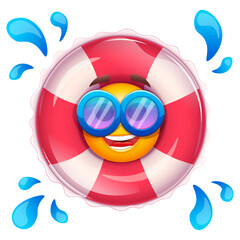 Happy emoji in inflatable swimming pool ring. Summer emoticon with sunglases on white background. Positive vibes, good mood, vacation, travel, holiday concept