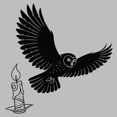 Owl Flying Toward Candlelight Silhouette vector design art and illustration