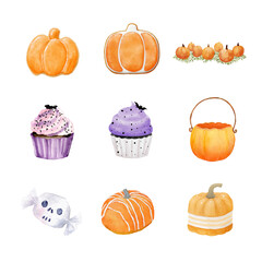 A collection of colorful Halloween-themed treats and pumpkins for festive decor. Halloween item isolated on white background, Transparent Background