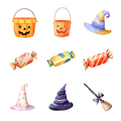Colorful Halloween icons including hats, candy, and pumpkins for festive celebration. Halloween item isolated on white background, Transparent Background
