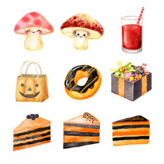 A colorful assortment of delicious snacks, desserts, and beverages in a playful style. Halloween item isolated on white background, Transparent Background