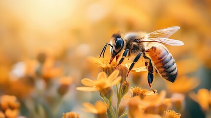 Bees gathering nectar from blooming flowers in vibrant meadows show pollinationÃ¢Â?Â?s essential role in global ecosystems agriculture and food sustainability through nature