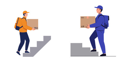 Delivery person carrying box while climbing stairs indoors, transparent background, vector set, isolated