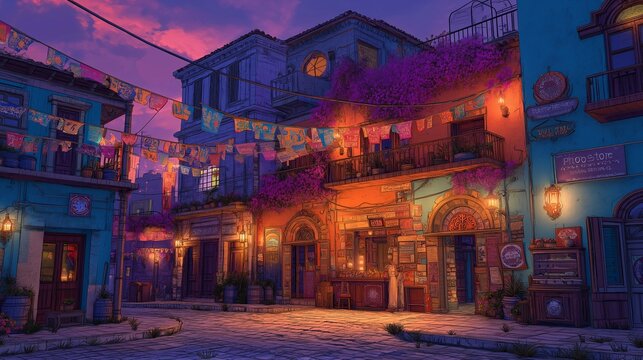 Colorful mexican street scene at dusk with festive decorations art print - Powered by Adobe