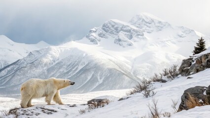 majestic polar bear: white bear on a snowy hillside with mountains