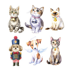 Colorful watercolor illustrations of cute cats and dogs with playful expressions. Christmas Pet isolated on white background, Transparent Background