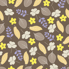 Scandinavian flowers and clover leaves vector seamless pattern. Floral surface design of yellow scandi flowers and lucky clovers
