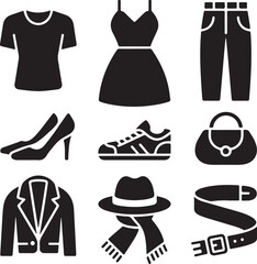 Apparel and Fashion Silhouette Icons — Shirt, Dress, Pants, Hat, Shoes, Bag, and Accessories Solid Vector Set