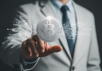 Businessman touching a glowing digital brain with circuit lines representing technology and innovation