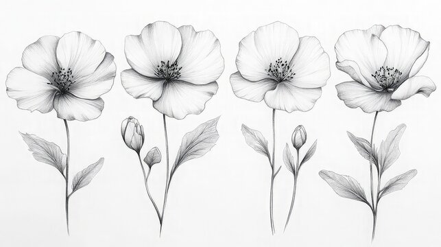 Beautiful flower sketches with delicate petals, botanical details, and natural forms drawn in pencil or ink ideal for decor, book art, product design, and elegant illustration use.