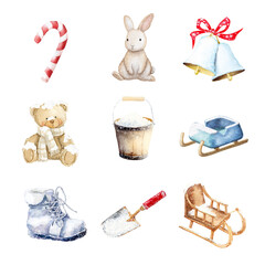 A collection of whimsical, hand-painted winter-themed illustrations. Snow Dusted isolated on white background, Transparent Background