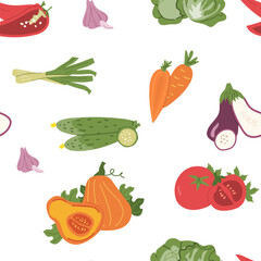 Seamless pattern of fresh vegetables: carrots, cucumbers, tomatoes, and more.