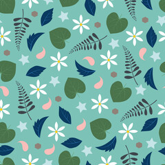 Scandinavian flowers vector seamless pattern. Floral surface design of white scandi flowers, leaves and stars