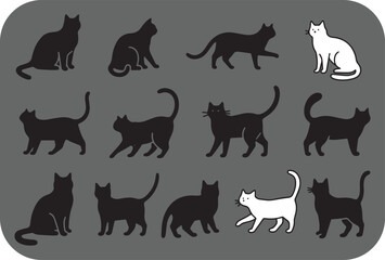A striking collection of black and white cat silhouettes displayed in a grid pattern against a neutral grey background showcasing various feline poses