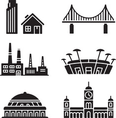 Architectural Structures Silhouette Icon Set – Skyscraper, House, Bridge, Factory, Stadium, Dome, and Tower
