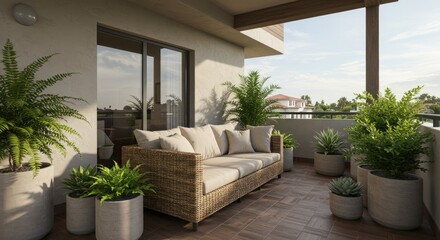 Modern Balcony Retreat with Wicker Sofa and Lush Greenery