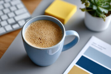 Coffee break at creative designer's desk with pantone color palette, keyboard, and plant