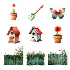 Beautiful watercolor garden elements including flowers, pots, and butterflies. Garden isolated on white background, Transparent Background
