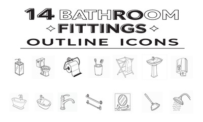 14 Black and White Bathroom Fittings Icon Set -Depicting Soap, Toilet, Paper, Toothbrushes, Towel Rack, Sink, Water Heater and More.