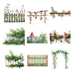 A collection of illustrated garden fences adorned with beautiful flowers and vines. Garden isolated on white background, Transparent Background