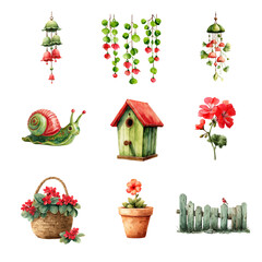 Beautiful hand-drawn elements of nature featuring plants, flowers, and decorative items. Garden isolated on white background, Transparent Background