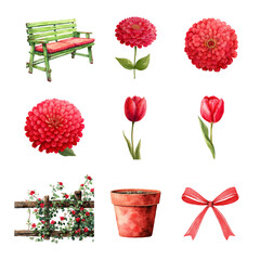 A collection of vibrant red flowers, a bench, and gardening essentials. Garden isolated on white background, Transparent Background