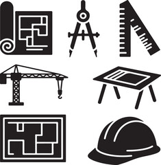 Architectural Tools & Symbols Solid Icon Pack – Blueprint, Compass, Protractor, Crane, Drafting Table, Floor Plan, and Hard Hat