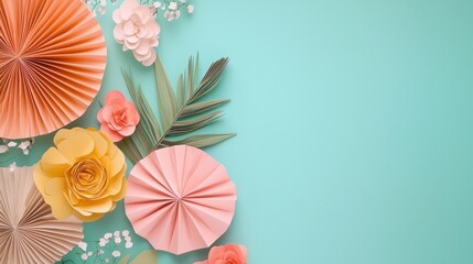 Bright and Colorful Paper Flowers and Fans Arrangement with GreenLeaves on Light Blue Background