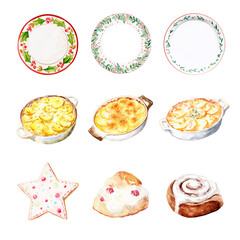 Colorful assortment of festive dishes and desserts on decorative plates. Christmas Food isolated on white background, Transparent Background