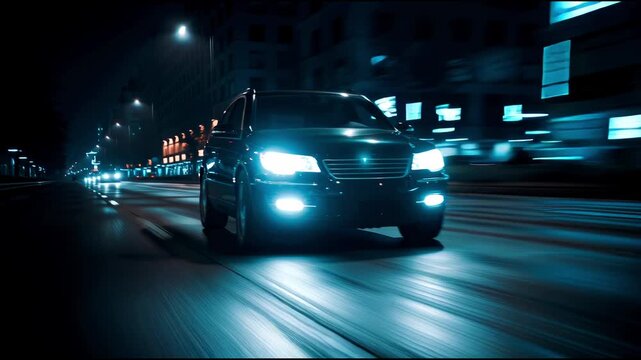 LED headlights turn on as a car navigates the city under nightfall.