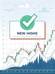 Stock market chart shows a bullish trend with a label indicating new highs
