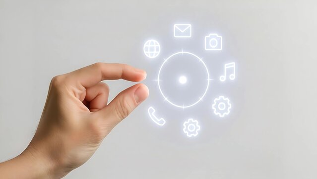 User Activating Glowing Radial App Menu with Pinch Gesture on White Background