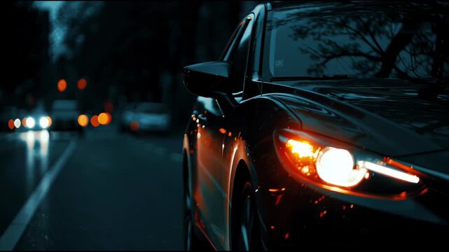 LED headlights turn on as a car navigates the city under nightfall.