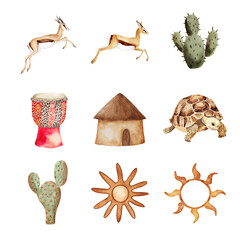 A vibrant collection of cultural symbols, showcasing nature and tradition. Africa Animals isolated on white background, Transparent Background