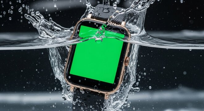 Smartwatch with a green screen plunges into water, creating a splash and demonstrating its waterproof capabilities.