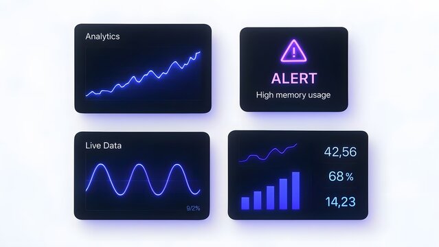 Floating Dark UI Panels with Animated Graphs and Live Data on White Background
