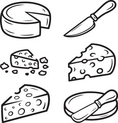 Artisan Cheese Line Icon Pack – Cheese Wheel, Cheese Knife, Crumbled Cheese, Soft Cheese, Aged Cheese, and Cheese Board