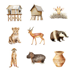 Whimsical watercolor illustrations of animals, huts, and pottery reflecting rural life. Africa Animals isolated on white background, Transparent Background