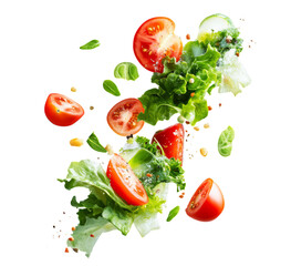 Fresh salad ingredients levitating against transparent background with tomatoes lettuce and herbs