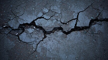 Abstract dark concrete surface with raw texture variations, highlighting weathered cracks and aggregates under moody lighting.
