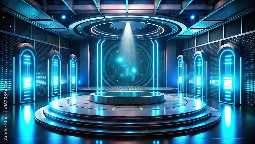 Poster futuristic stage with neon lights and circular platform in a high tech environment with glowing port