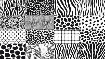 Vector collection of black and white seamless patterns. Abstract geometric and animal skin textures.